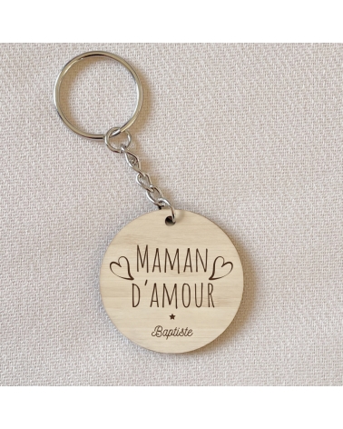 Porte-clés en bois gravé Maman d'Amour